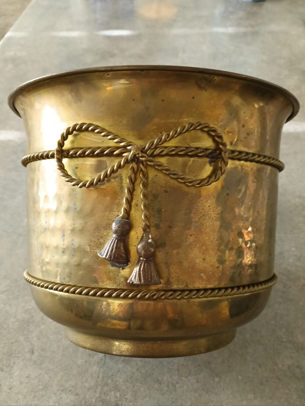 Vintage Large Brass Planter with Bow Detail (8"H X 9 1/2" W) - Picture 2 of 9